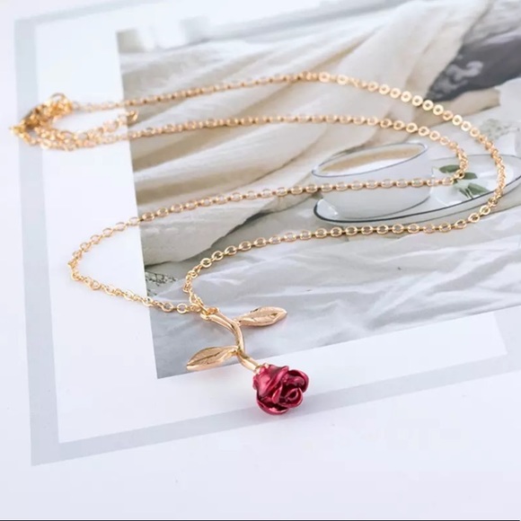 "Beauty & the Beast" Red Rose Dainty Cute Necklace - Picture 6 of 10